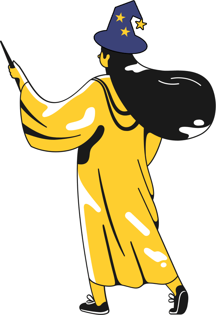 A wizard pointing to our email address